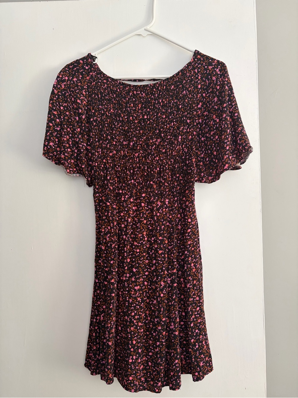 Free People Pink/Black Floral Smocked Mini Dress with Pink & Orange Print